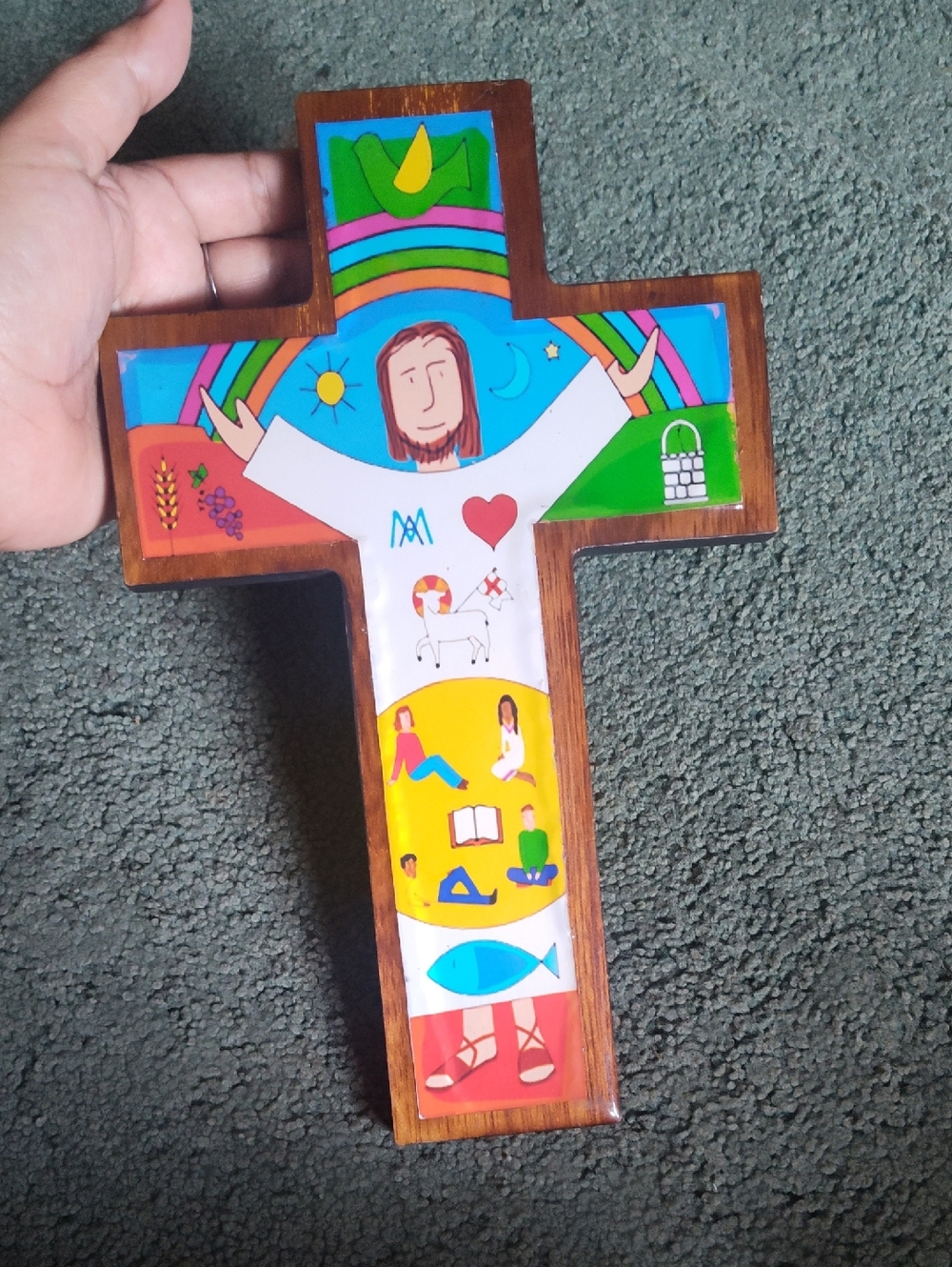 Colorful Illustrated Wooden Cross Wall Hanging